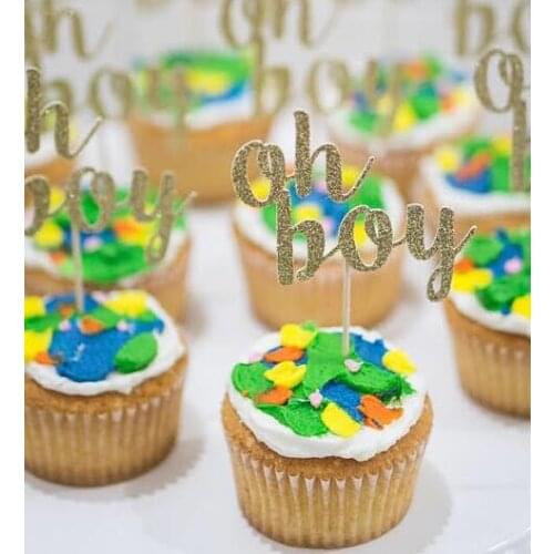 Glitter gold oh boy birthday Gender Reveal cupcake toppers baby shower party cake decoration doughnut food toothpicks
