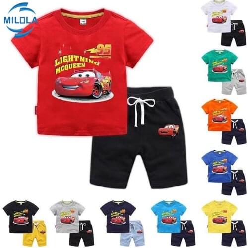 Disney McQueen Car Childrens Suit Summer Boys Girls Short Sleeve Two-piece Sports Suit Baby Cotton Clothes Sets 1-8Y Tshirt