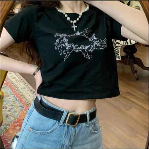 Harajuku Cartoon Cute Print Love Lace Short Sleeve White T-shirt Women Summer Streetwear O-neck Tee Shirt Girls Tops Sexy Tops