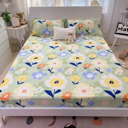 Floral Printed 1 Pc Fitted Sheet + 2 Pcs Pillowcases Elastic Adjustable Mattress Pad Cover Set Stretch Dust-proof King Bed Linen
