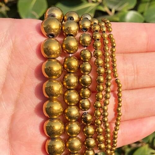 2/3/4/6/8/10mm Natural Smooth Gold Hematite Stone Round Loose Beads for Accessories Jewellery Making Bracelet Necklace 15 inch