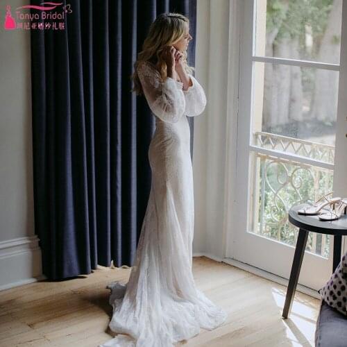 Mermaid Lace Wedding Dresses Long Sleeve Backless Bridal Gowns Boho Elegant Robe de soriee ZW298