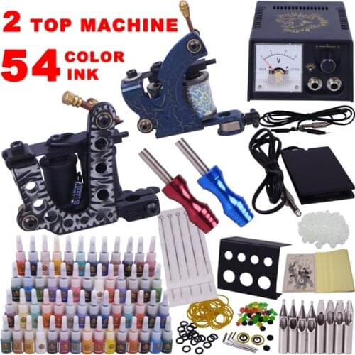 2 TOP complete tattoo machine set cosmetic permanent makeup gun kit tattoo tool 54 inks color