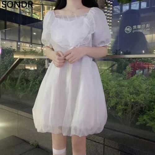 Kawaii Girl Lolita Princess Dress Big Love Splice White Summer Thin Puffy Dresses Sweet Girls Bubble Sleeve French Fairy Dress