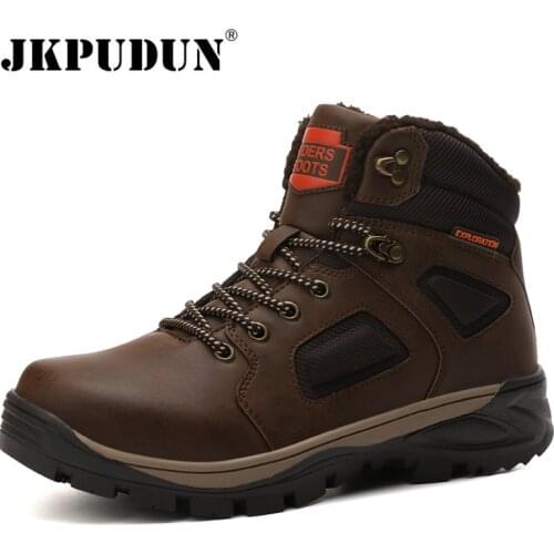 Leather Winter Men Boots Waterproof Warm Fur Snow Boots Men Outdoor Winter Work Casual Shoes Military Combat Ankle Boots JKPUDUN
