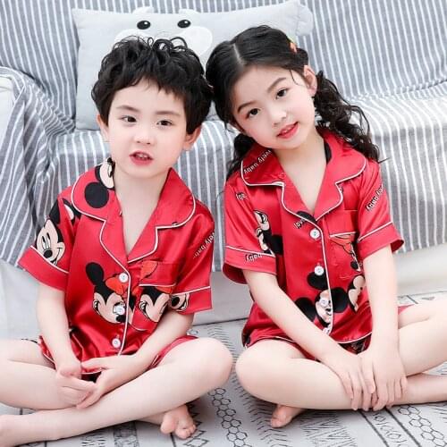 New Mickey Kids Pyjamas Silk Satin Tops Pant Summer Sleepwear Girls Boy Pajama Sets Childrens Clothing Boys Minnie Pijama Set