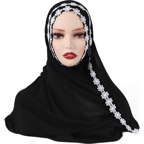 NEW Muslim Pearl Chiffon Embroidery Lace Stitching Scarf Hijab Long Shawl Plain Soft Headscarf Wraps For Lady