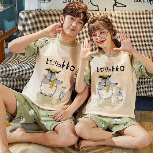 Cute Cartoon Anime Printing Short Sleeve Women Pajamas Men Sweet Couple Matching Fashion Green Patchwork Cotton Lovers Home Suit