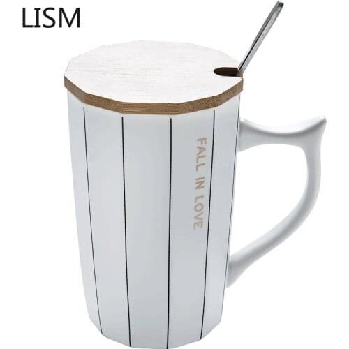 Modern Simple Coffee Tea Mug Nordic Wooden with Lid with Spoon Ceramic Mug for Couple Large Enamel Mug Milk Mugs Tazas Para Cafe