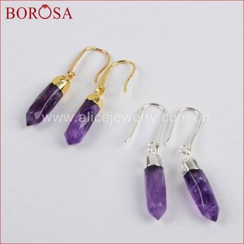 BOROSA Dangle Earrings Amethysts Faceted Point Threader Earrings, Wholesale Gold Color Druzy Crystal Earrings 1354