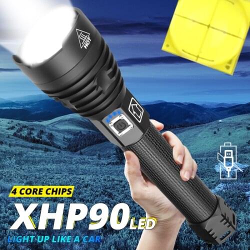 Brightest XHP90 LED flashlight XHP50 powerful Waterproof LED torch use 18650 battery USB Rechargeable for camping