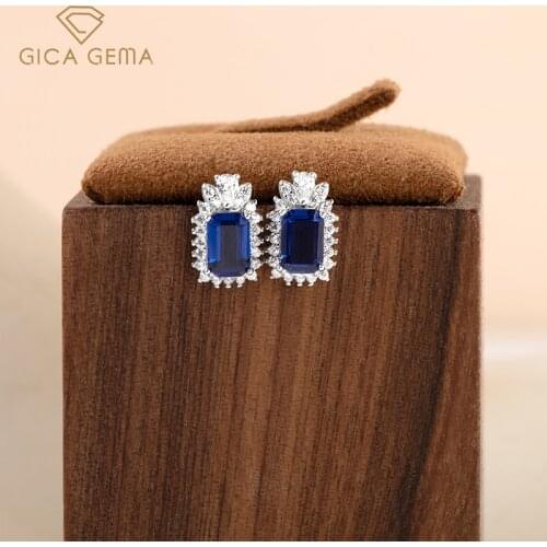 GICA GEMA Women Real 925 Sterling Silver Unusual Earrings Created Sapphire Gemstone Ear Stud Engagement Promise Fine Jewelry