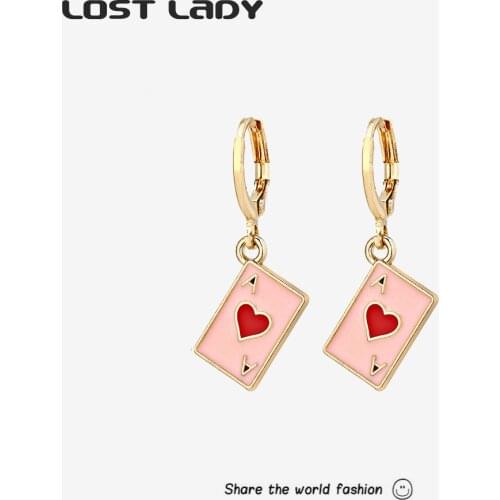 Lost Lady Cute Red Heart Poker Dangle Earrings Creative Lovely Playing Cards Earrings for Women Nightclub Jewelry Gift