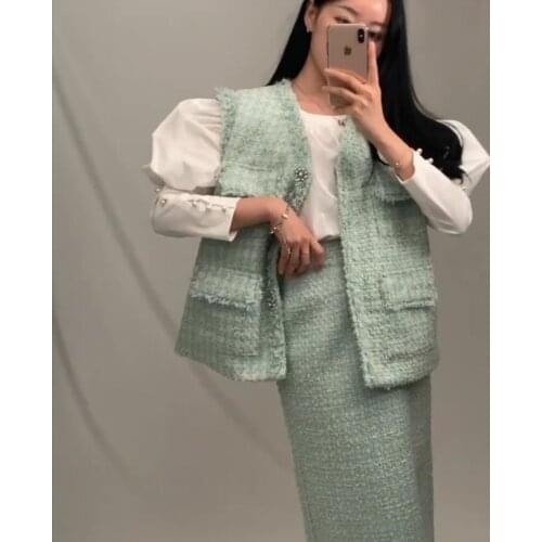 3Piece Sets Women Korean Chic Round Neck Bubble Sleeve Shirt Tweed Vest Coat High Waist Long Skirt Matching Outfits Autumn
