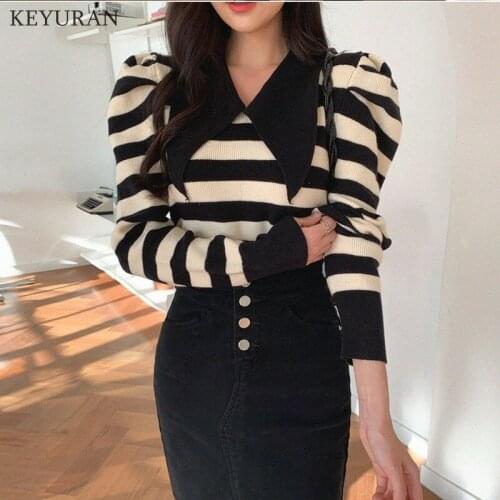 Striped Patchwork Pullover Sweater Women 2021 Spring Autumn Stylish New Puff Long Sleeve Turn-down Collar Pullovers Knitted Tops