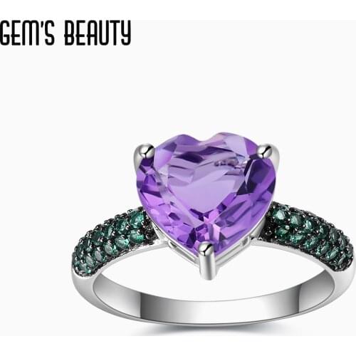GEMS BEAUTY Heart Shape Natural Amethyst Handmade Rings 925 Sterling Silver Gemstone Statement Ring For Women Fine Jewelry