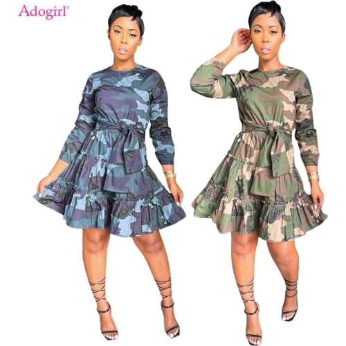 Adogirl Camo Print Mini Cake Dress Women Fashion Slim Sashes Bandage Long Sleeve A Line Flare Casual Vestidos Autumn Clothing