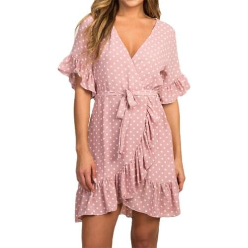 Short-sleeve Wave Point Dresses Women Pink Boho Lace Up Lace Up Shirt Dress Beach Ruffle Summer Chiffon Dress Vestido Feminino