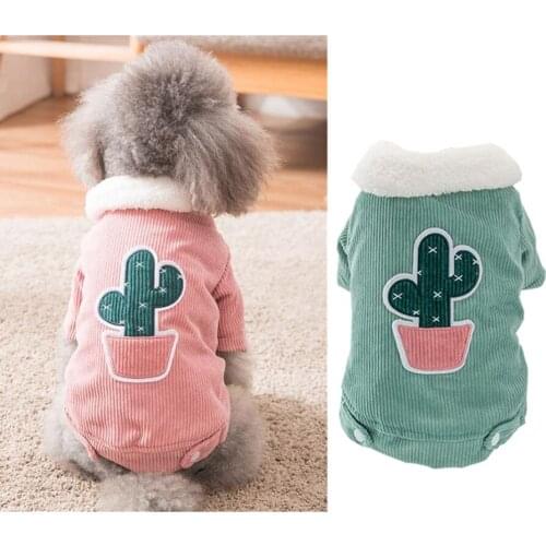 Winter Warm Pet Dog Clothes for Small dog puppies Teddy Cactus printed Corduroy Plus velvet cotton clothes Pet Costume