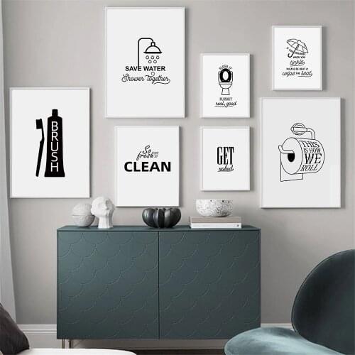 Toothbrush Toilet Paper Closestool Bathroom Wall Art Poster Quotes Canvas Painting Gray Rabbit Art Print Nordic Washroom Decor