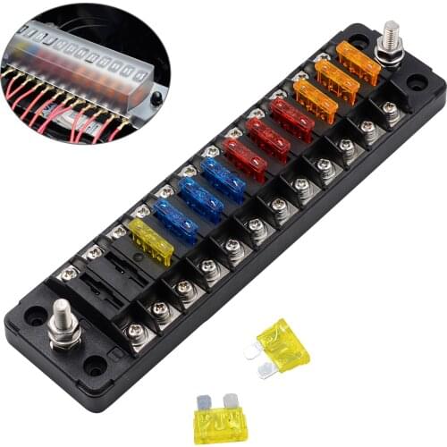 12V 32V 12-Way LED Blade Fuse Holder Box Block Case With Negative Fuse Dust Cover For Van Car Truck SUV RV Bus Boat Yacht