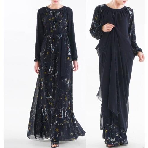 2019 Islamic Womens Floral Abaya Long Sleeve Reversible Chiffon Dress Muslim Women Clothing