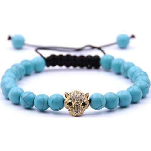 8mm Golden Animal Leopard head Bracelet With 5 colors natural stone Energy Men Beaded Bracelets For Women A