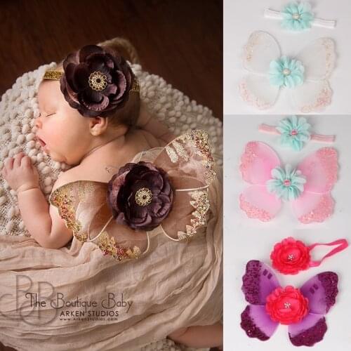Butterfly Sequins Newborn Photography Props Fashion Diamond Baby Girl Hairband Angel Wing Flower Fly Accessories Bebe Headband