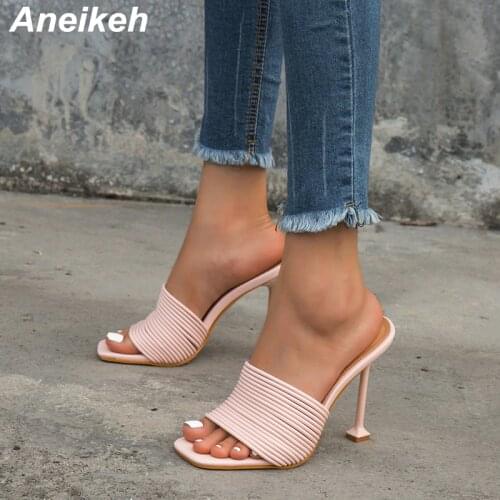 Aneikeh Summer Women Shoes Sandals Pumps Slingbacks Square Toe PU Fashion Narrow Band Shallow Thin Heels Slip-On Casual Party