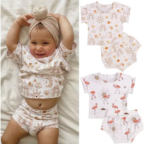 Citgeett Summer Infant Baby Girls T-shirt and Shorts Set Cartoon Flamingo Printed Short Sleeve Tops Triangle Short Pants Set