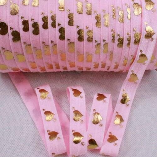 Foe Valentine 5/8 Inch Fold Over Elastic #123 pearl pink gold heart with arrow Printed foe for Headband,50yards per lot