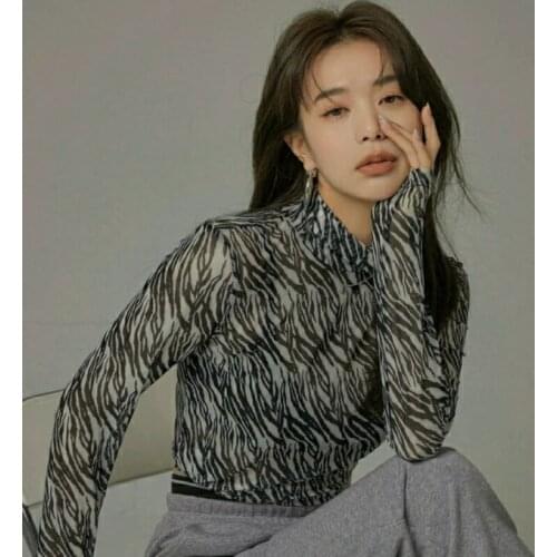 ZCSMLL Leopard Print Bottoming T Shirt Sunscreen Clothing Self-cultivation Mesh Turtleneck Top 2021 Spring Summer Top Female