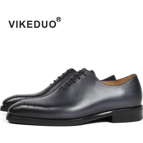VIKEDUO Classic Mens Oxford Dress Shoes Gray Genuine Leather Male Shoe Square Toe Formal Wedding Office Zapato Hombre 2019 New