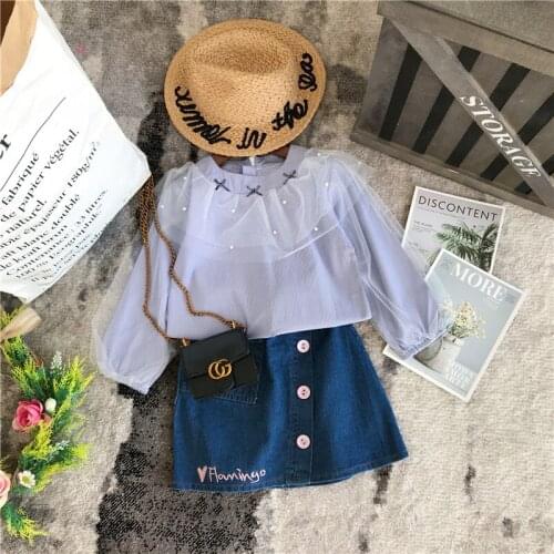 Korean New Baby Girl Clothing Sets Autumn Long Sleeve Mesh Shirt Blouses for Girls Girl Sets Toddler Tops+denim Skirts 2pcs Suit