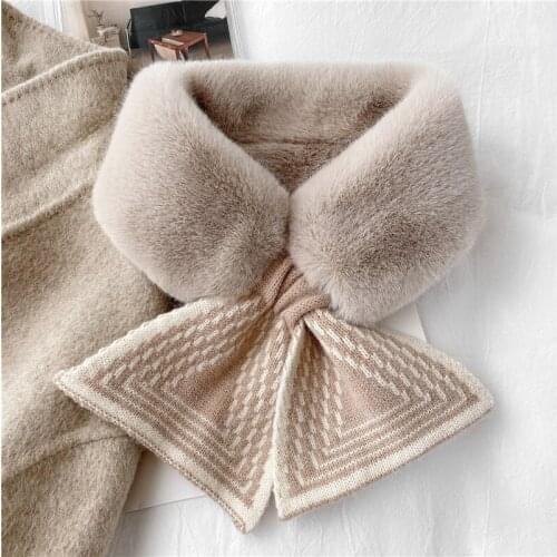 Korean Faux Rabbit Fur Plush Geometric Pattern Cross Bib Neck Guard Fake Collar Female Winter Wool Knit Thicken Warm Scarf Q58