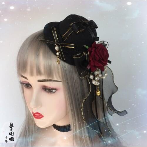 Lolita Mini Hat Headwear Hairpins Gothic Black Fascinator Hat with Flower Pearl Tassel Mesh Ribbon Headwear Ladies Costume Party