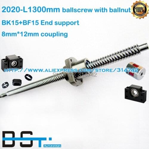 SFE 2020 Rolled Ball screw L 1300mm with SFE2020 ballnut + BK15 BF15 Ballscrew Support block + 8mm to 12mm coupler