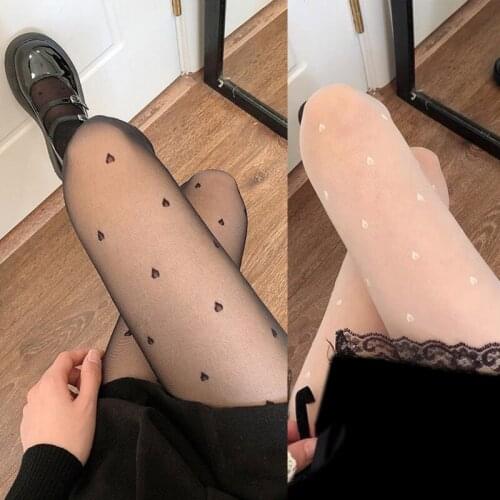 066C Women Summer Silky Pantyhose Sweet Heart Drop Print Sheer Tights Lolita Stocking