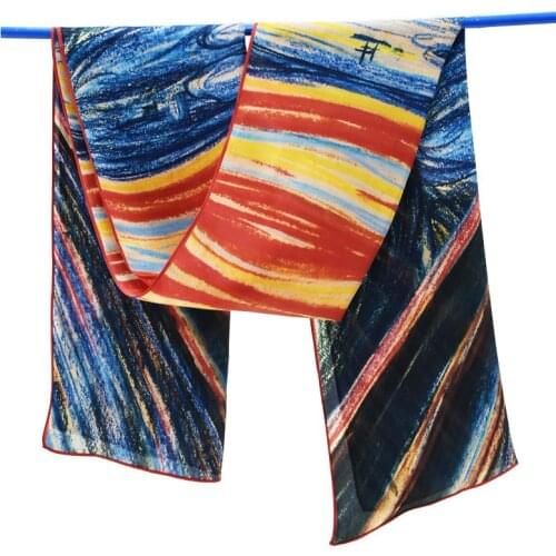 Yilijin 100% Natural Silk Scarf for Women Edvard Munch Famous Oil Paints Digital Printed Art Silk Shawl and Wrap 160x45cm