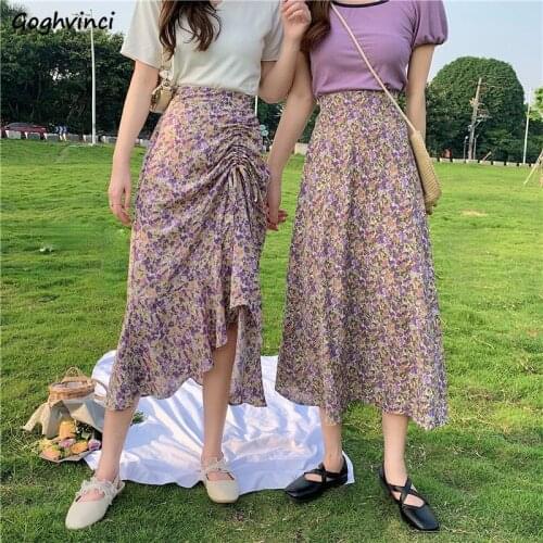 Skirts Women Summer Shirring Fashion Floral All-match Empire Midi Daily A-line Harajuku Streetwear Jupe Soft Femme Temperament