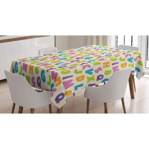 Funny Letters in Lively Colors Cartoon Style ABC Alphabet on Polka Dots Backdrop Rectangular Table Cover for Dining Room