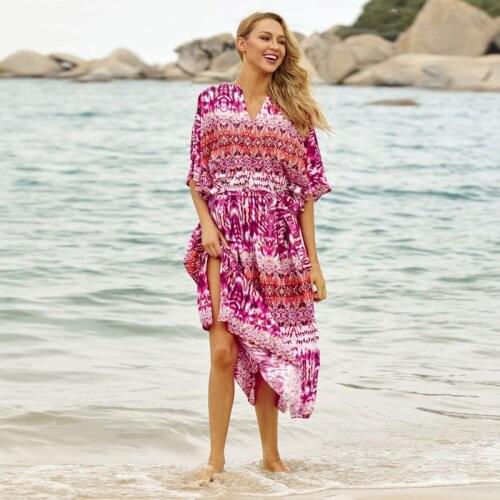 Groovy Womens Maxi Dress Detachable Belt Flare A-Line Sultry Pink Geometric Print Kaftan Free Spirited Voluminous Resortwear