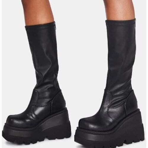 2020 New Ladies High Platform Boots Fashion Zip High Heels Boots Women Wedges Shoes Woman Casual Boots Heels Plus Size 35-43