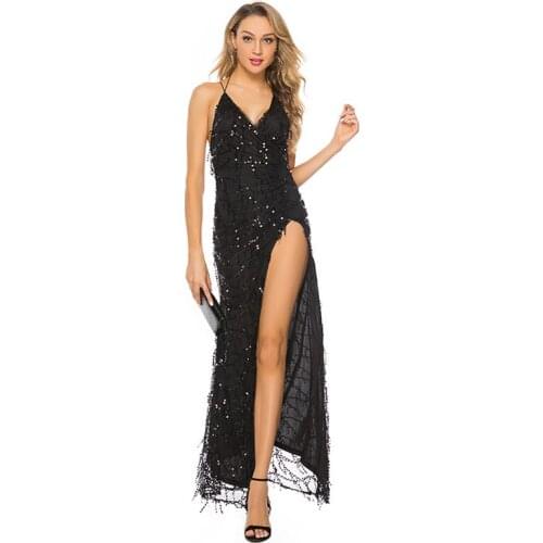 Summer Sexy Gold Black Deep V-Neck Cut Backless Sleevesless Glitter Sequins Tassels Elastic Material Maxi Dress 2019 New