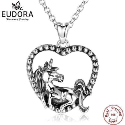 Eudora New 925 Sterling silver Horse Unicorn Heart Pendant Necklace for Women Teen Girl Party Gift Vintage Silver Jewelry D526