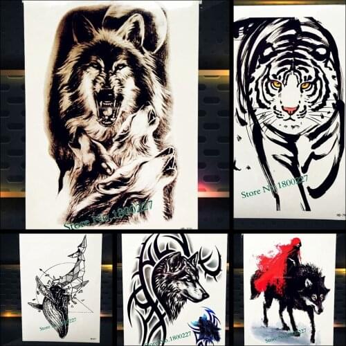 1PC 3D Indian Wolf Totem Flash Temporary Tattoo Men, Black Wolves Beast Waterproof Tattoo, Body Arm Sleeve Tattoo Tatouage Taty