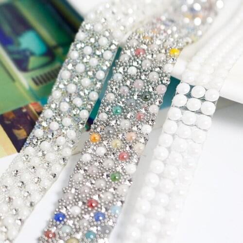1 yards Pearl Colorful Rhinestone Ribbon with Adhesive for Diy Craft Pottery Bead Lace Clothing Bag Decoration Accessories