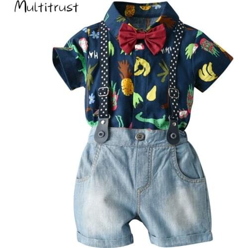 2020 Gentleman Infant Baby Boys Clothes Sets 2pcs Print Bow Tie Short Sleeve Single Breasted Tops Shorts 1-5Y