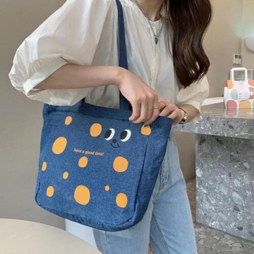Cheese Print Canvas Shoulder Bag Women Cute Tote Korean Style Single Shoulder Bags Student Book Handbag Female Casual Handbags