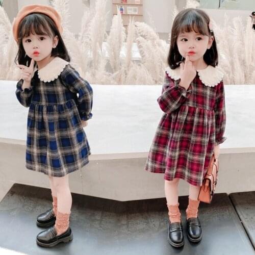 Toddler Girls Plaid Dresses 2021 New Korean College Style Cotton Dress for Girls Kids Doll Collar Cute Dress Childrens Clothing